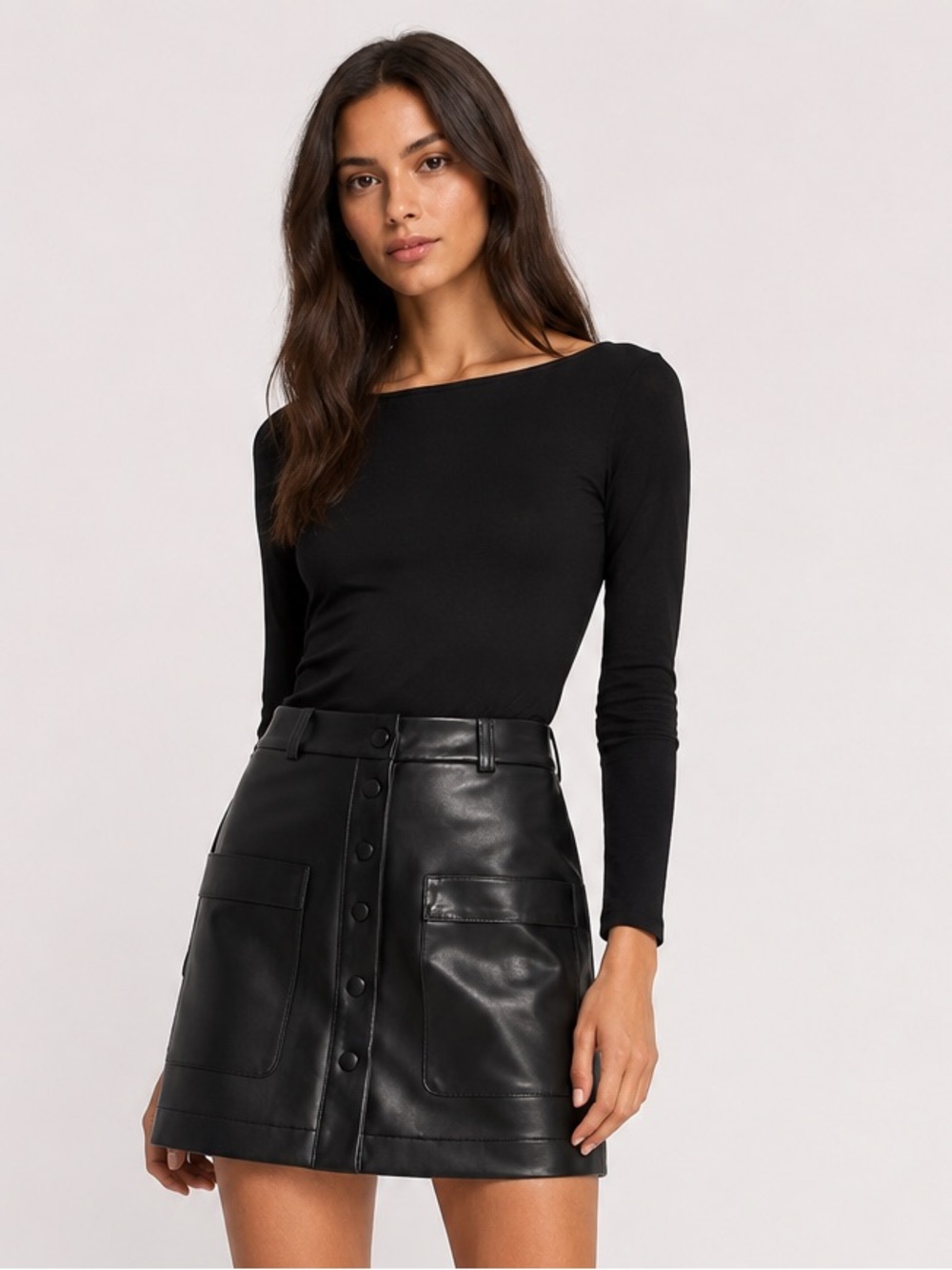 Staud Paper Skirt Faux Leather Snap Front Mini Skirt Black Pockets Size 2 Vegan